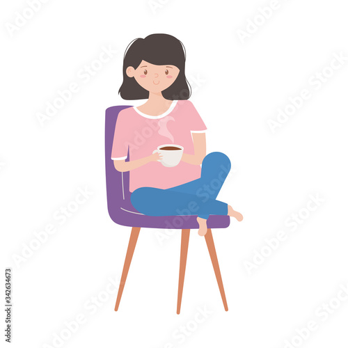 woman with coffee cup sitting on chair isolated icon on white background
