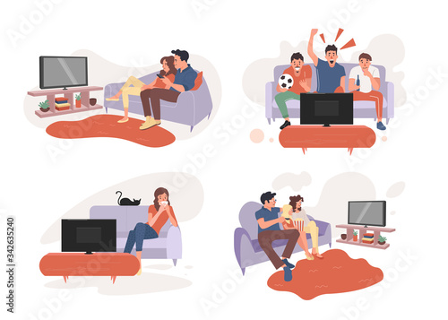 Young couple watch tv together.Fans watching the live broadcast of the match on TV.Parent couple and girl watching TV.Young woman watches TV. Vector illustration