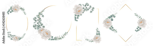 Wedding flower photo frame set Composed of white peony and eucalyptus leaves. Golden flower frame.