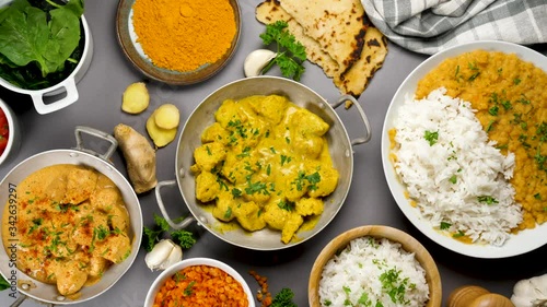 assorted of Indian food, curry chicken, rice, naan, lentil Dahl photo