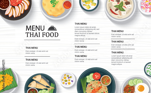 thai food menu restaurant on a white wooden table top template background. Use for poster, print, flyer, brochure.