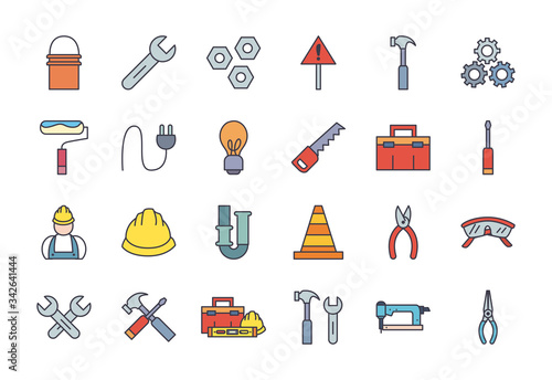 Construction fill style icon set vector design