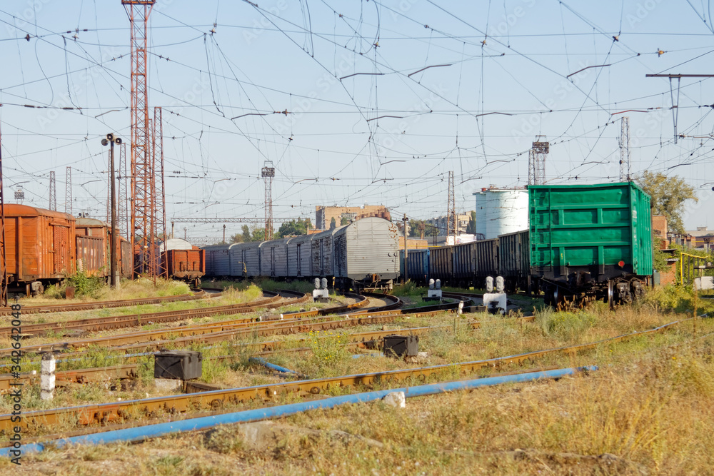 Kharkiv, Ukraine - August 23, 2018: Cargo wagons parked at the railway station Osnova, in Kharkiv, Ukraine