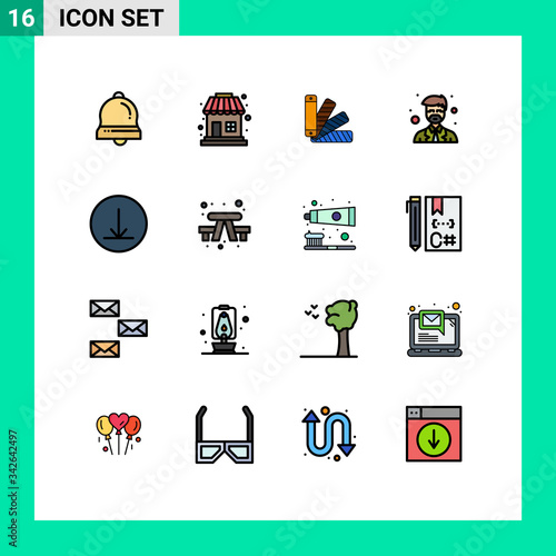 Universal Icon Symbols Group of 16 Modern Flat Color Filled Lines of bench, circle, pallete, teacher, master