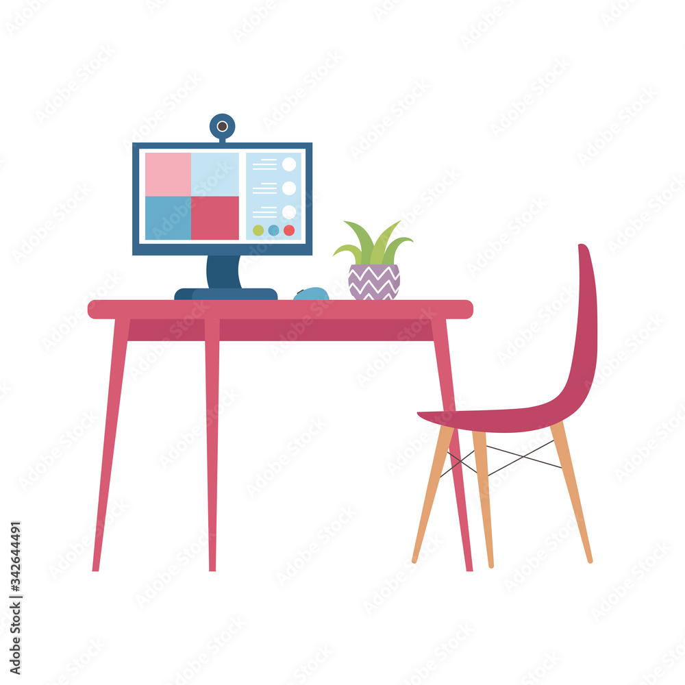 Fototapeta premium stay at home, computer meeting online camera and chair