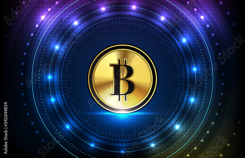 abstract futuristic technology background of bitcoin digital cryptocurrency and hud screen ui interface