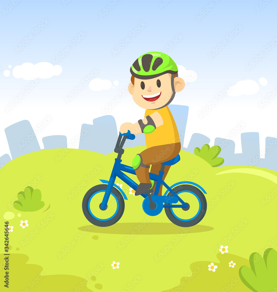 Smiling boy riding a bicycle in the city park. Sport and fitness. Colorful cartoon flat vector illustration. Smiling boy riding a bicycle in the city park. Sport and fitness. Colorful cartoon flat vector illustration.