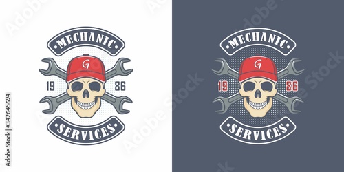 Set of color illustrations skull mechanic in a cap, crossed wrenches and text on a colored background .Vector illustration advertises a car and motorcycle repair workshop. Mechanic services.