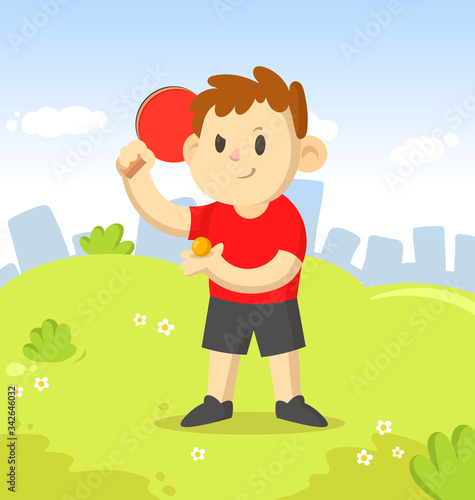 Young table tennis player with a racket character standing in the city park. Sport and fitness. Colorful cartoon flat vector illustration.