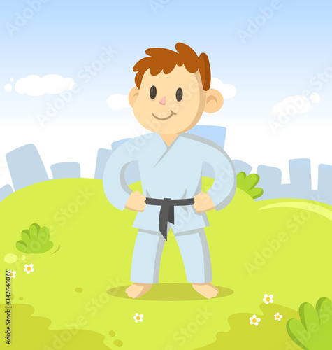 Smiling boy in karate kimono, cartoon character standing in the city park. Sport and fitness. Colorful cartoon flat vector illustration. © Tatyana