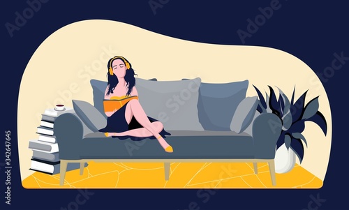 The girl at home reads in headphones. Modern vector illustration. The concept of quarantine and self-isolation. Horizontal format.