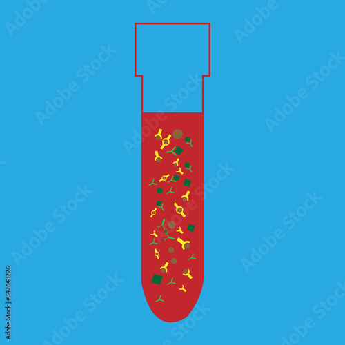 Illustration of virus like shape with antigen antibody reaction shape in red solvent in blood test tube on blue background