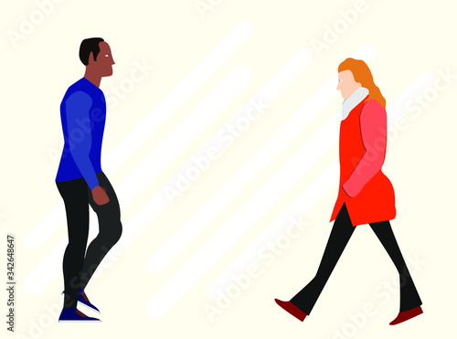 Black Male white female walking Flat vector Icon Illustration
