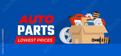 Cardboard with car parts. Various auto accessories. Concept for shop. Vector illustration in flat style