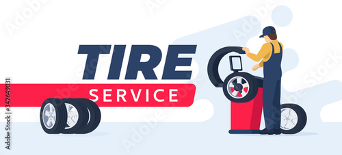 Tire service concept. Сar mechanic doing balancing wheels. Vector illustration in flat / cartoon style.