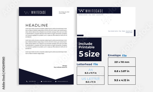 letterhead, Envelope minimalist black size DL, A4 and US Letter design template