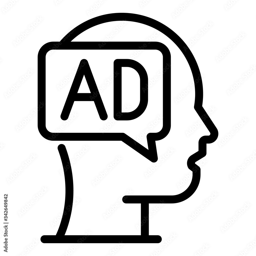 Ad bubble in the head icon. Outline ad bubble in the head vector icon for web design isolated on white background Ad bubble in the head icon. Outline ad bubble in the head vector icon for web design isolated on white background