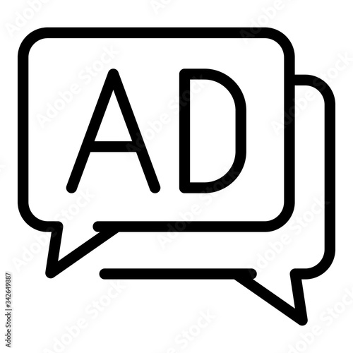 Ad in chat bubbles icon. Outline ad in chat bubbles vector icon for web design isolated on white background