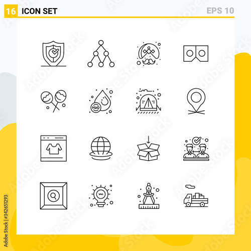 Universal Icon Symbols Group of 16 Modern Outlines of confectionery, movie, indian, vr, wearing