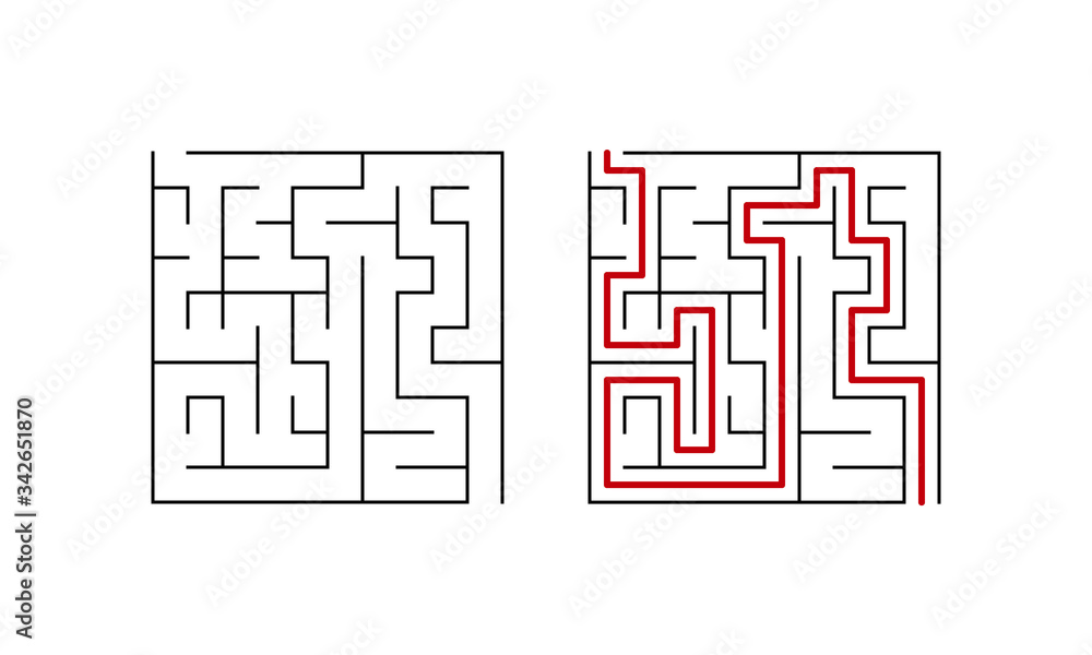 Labyrinth maze game for children. Simple puzzle with solution. Black white and red. Vector illustration. Labyrinth maze game for children. Simple puzzle with solution. Black white and red. Vector illustration.
