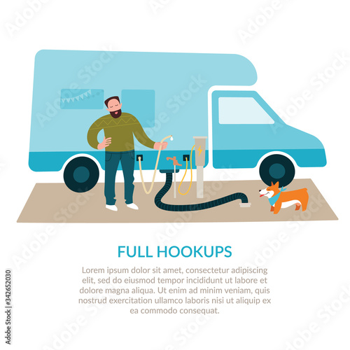 Camper service. Water intake and discharge, charging with electricity. Electricity, water, and sewer hookups for camper. Vector illustration on a white background.