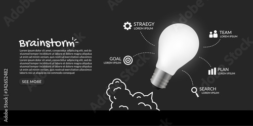 Light bulb launching to space on dark background, business start up concept