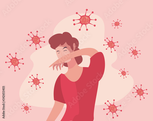 Man sneezing and coronavirus bacterium vector design