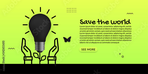 Save energy with hand hold light bulb on green background, ecology concept