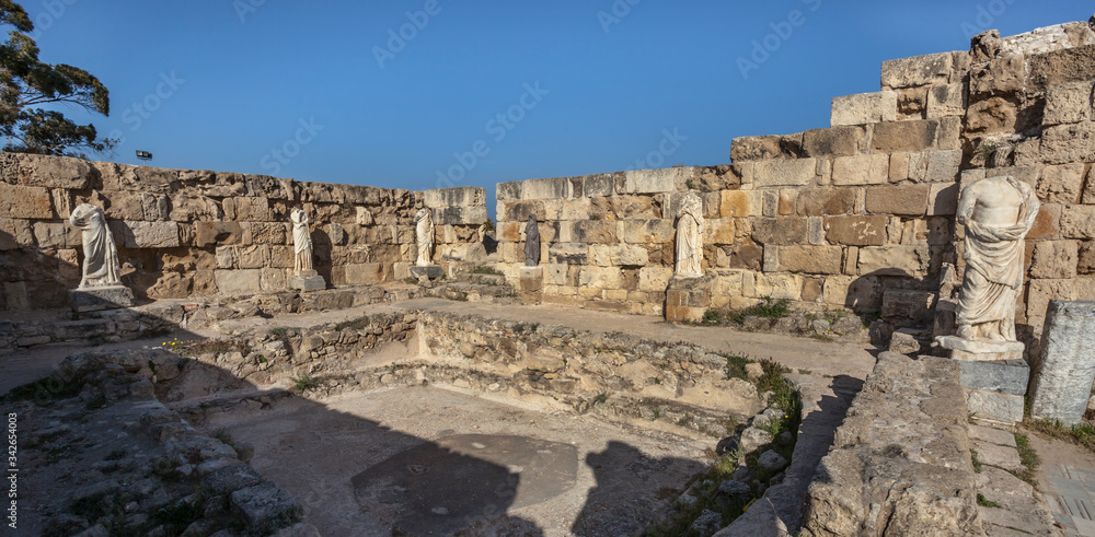 Statues and basin in the great complex of roman gymnasium in ancient Salamis, Famagusta, Cyprus