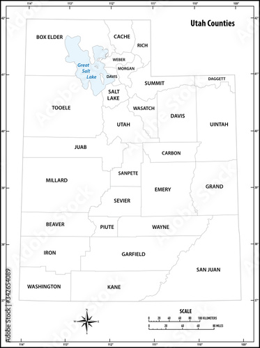 utah state outline administrative and political vector map in black and white