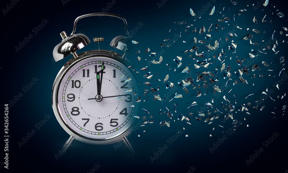 Fototapeta premium time clock breaking in flying pieces time pass memory loss future new era feelings