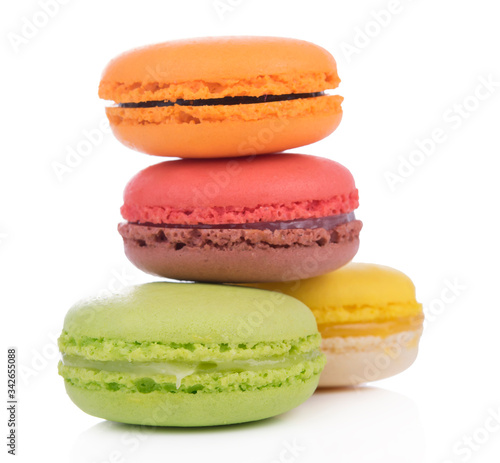 Sweet and colourful french macaroons on white background, Dessert.