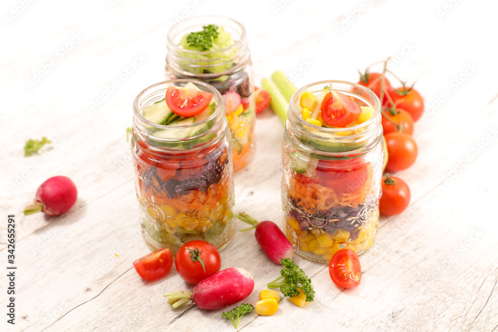 rainbow vegetable salad in jar and ingredient rainbow vegetable salad in jar and ingredient
