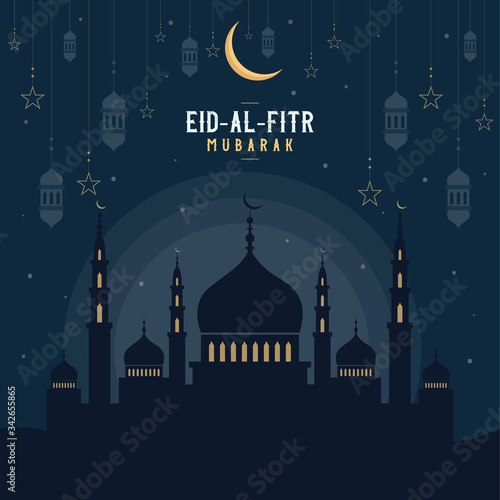 Abstract religious Happy Eid Al Fitr Mubarak Islamic vector illustration with mosques, lights, moon, and stars. Mosque silhouette in the night sky and abstract light.