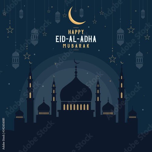 Abstract religious Happy Eid Al Adha Mubarak Islamic vector illustration with mosques, lights, moon, and stars. Mosque silhouette in the night sky and abstract light. photo