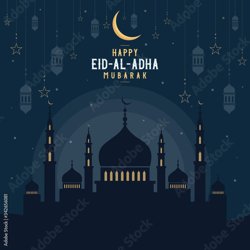 Abstract religious Happy Eid Al Adha Mubarak Islamic vector illustration with mosques, lights, moon, and stars. Mosque silhouette in the night sky and abstract light.