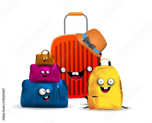 Bags and backpack for travel. Vacation fees. Suitcase character..