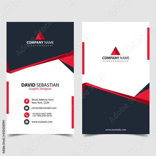 Red shape id, corporate and visit card. Elegant name card templates. Modern creative business card with abstract shapes. Vertical simple clean vector design, layout in rectangle size. eps 10.