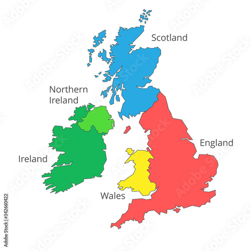Vector isolated the UK map of Great Britain and Northern Ireland. Silhouette map of Scotland, England, Wales, Northern Ireland, Ireland. The United Kingdom map with names of countries.