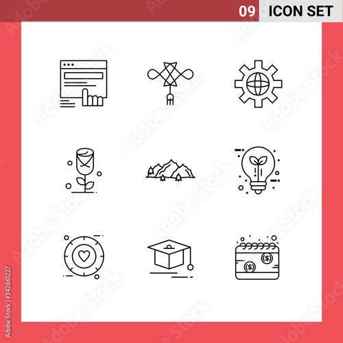 Set of 9 Vector Outlines on Grid for landscape, love, decoration, rose, technical photo