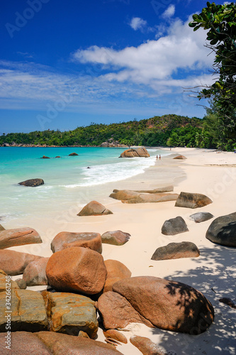 Praslin Island/ Seychelles: granites on the beach of Anse Lazio known as one of the most beautiful beaches in the world 