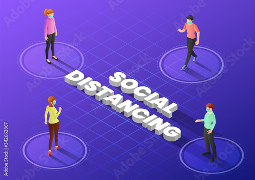 Isometric web banner people keep distance in public society to avoid spreading COVID-19 virus