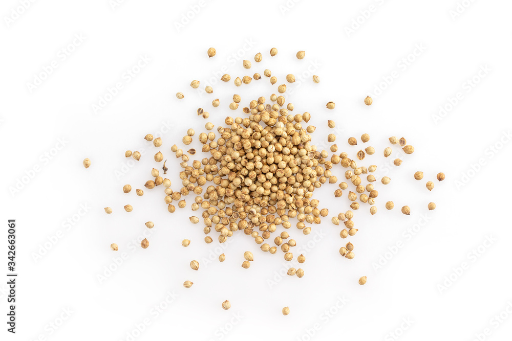 coriander seeds top view on white background. coriander seeds top view on white background.