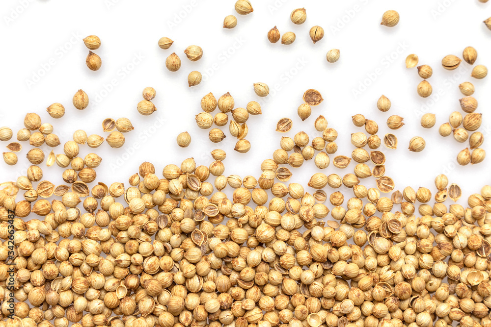 coriander seeds border top view on white background. coriander seeds border top view on white background.
