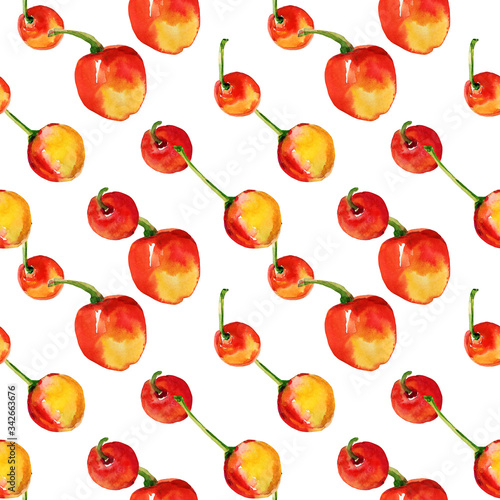 Cherry seamless pattern.Image on a white and color background.