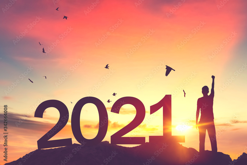 Man raise hand up on sunset sky with birds flying at top of mountain and number like 2021 abstract background. Happy new year and holiday concept. Man raise hand up on sunset sky with birds flying at top of mountain and number like 2021 abstract background. Happy new year and holiday concept.