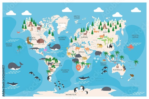 The world map with cartoon animals for kids  nature  discovery and continent name  ocean name  countries name. vector Illustration.