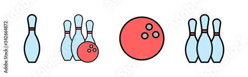 Bowling game Pin Icons set. Bowling icon, ball and pin
