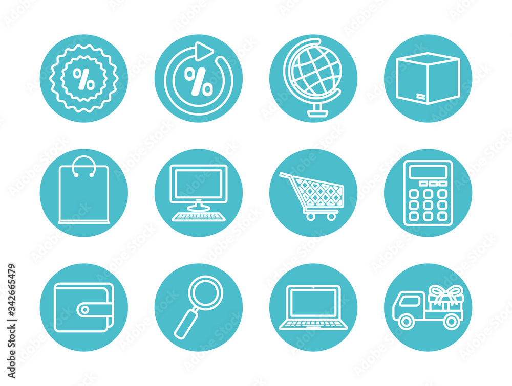 shopping cart and ecommerce icon set, block line style shopping cart and ecommerce icon set, block line style