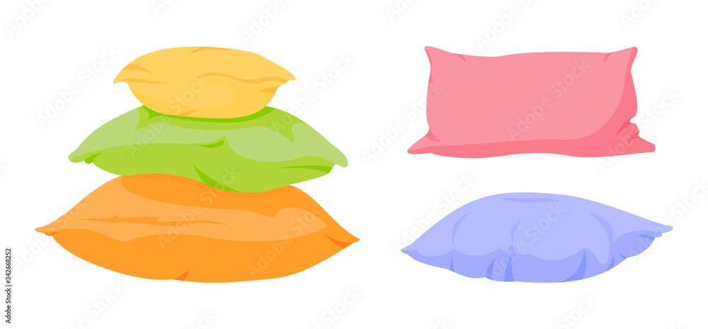 Colored pillow pyramid, slide flat cartoon set. Home interior textile. Soft color square pillows mockup template for bed, sofa. Feather, bamboo eco fabric. Colorful cushion design. Vector illustration Colored pillow pyramid, slide flat cartoon set. Home interior textile. Soft color square pillows mockup template for bed, sofa. Feather, bamboo eco fabric. Colorful cushion design. Vector illustration